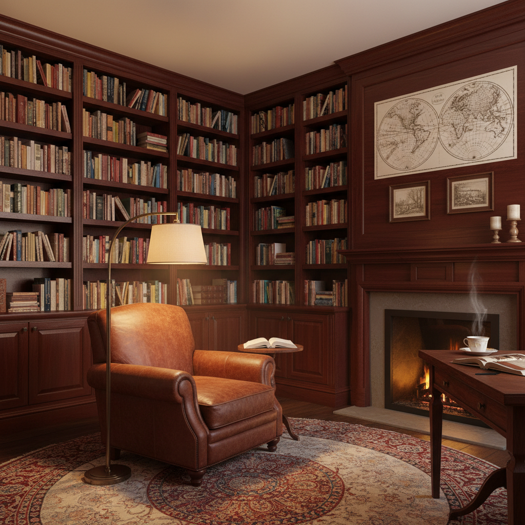 Wall-mounted wooden shelves with books and decor in a warm, naturally lit study room