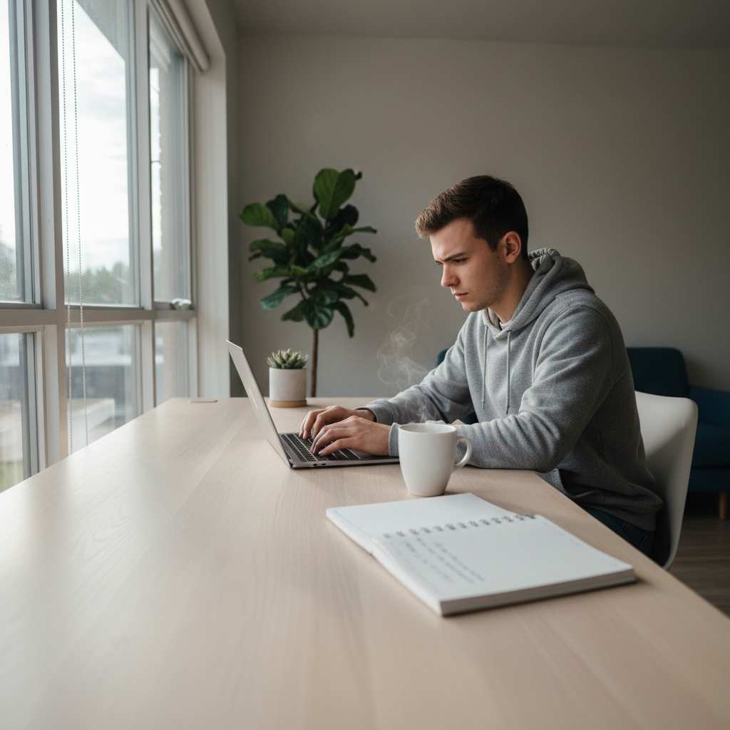 Clean laptop screen showing organized email inbox on a minimalist desk in bright office