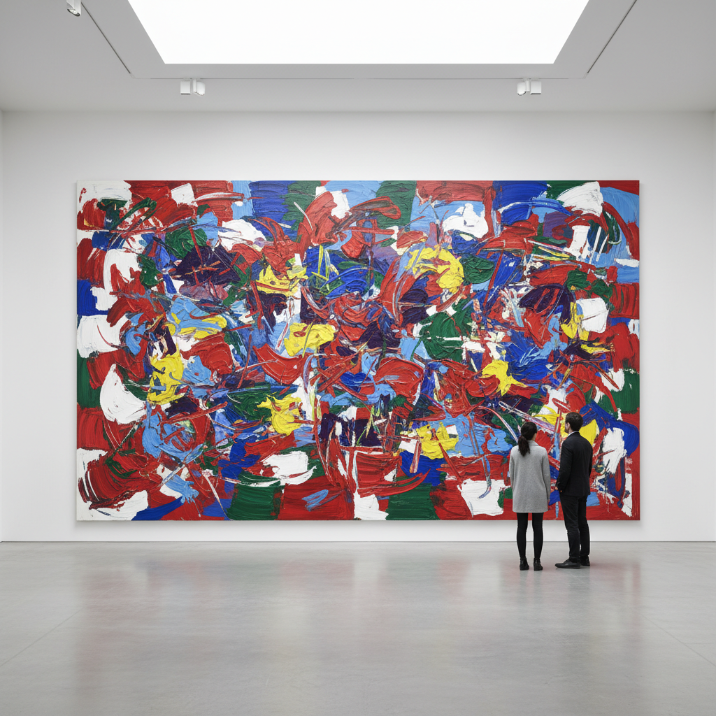 Colorful abstract oil painting with bold brushstrokes on white wall in bright gallery
