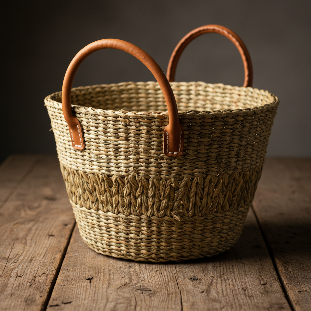 Natural woven seagrass market basket with leather handles