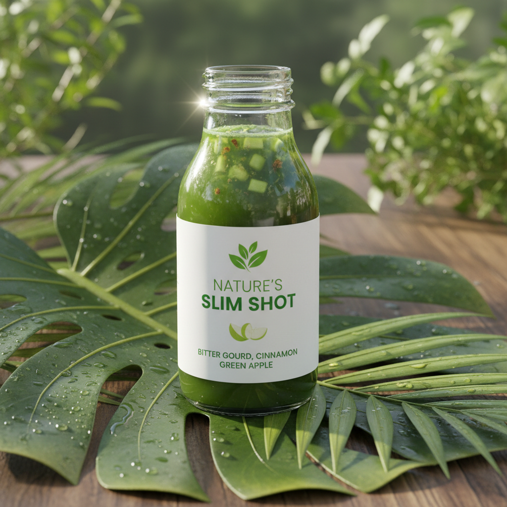 Green weight loss shot with bitter gourd cinnamon green apple on fresh leaves bright natural light organic