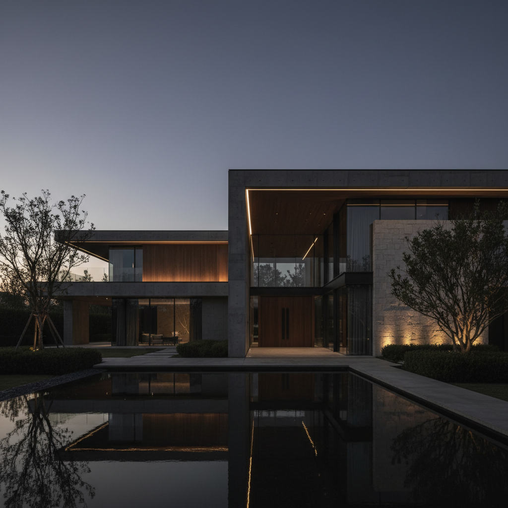 Modern luxury villa exterior with pool at dusk, deep shadow, dim atmospheric lighting