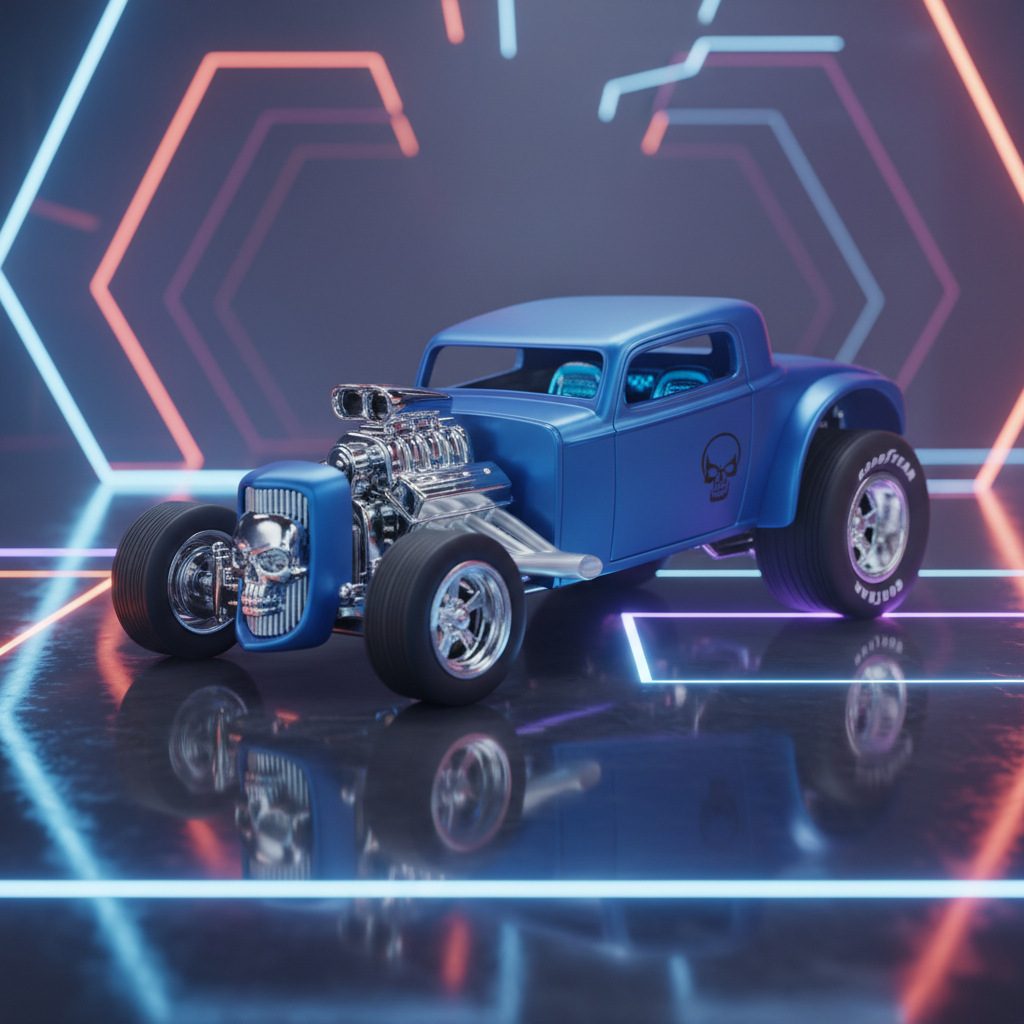 Blue Bone Shaker RLC exclusive car in virtual garage with neon lighting