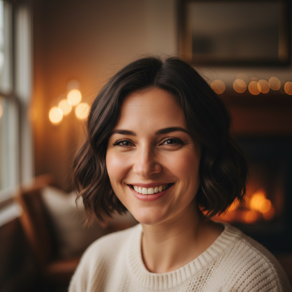 Sarah Chen, interior designer with short dark hair, smiling in a warmly lit studio