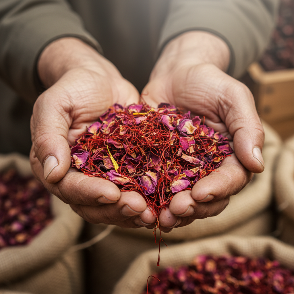 Close-up of a spice merchant's weathered hands cupped around vibrant saffron threads and dried rose petals in the Grand Bazaar