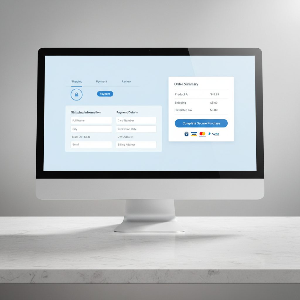 E-commerce storefront on laptop and mobile showing fast-loading product pages and streamlined checkout