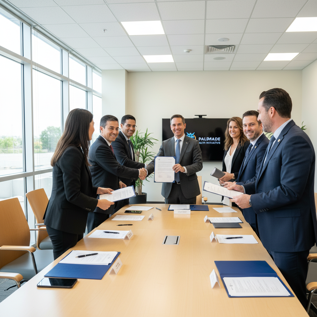 Business professionals shaking hands in a well-lit modern conference room, dark wood tones, dim ambient lighting, professional atmosphere