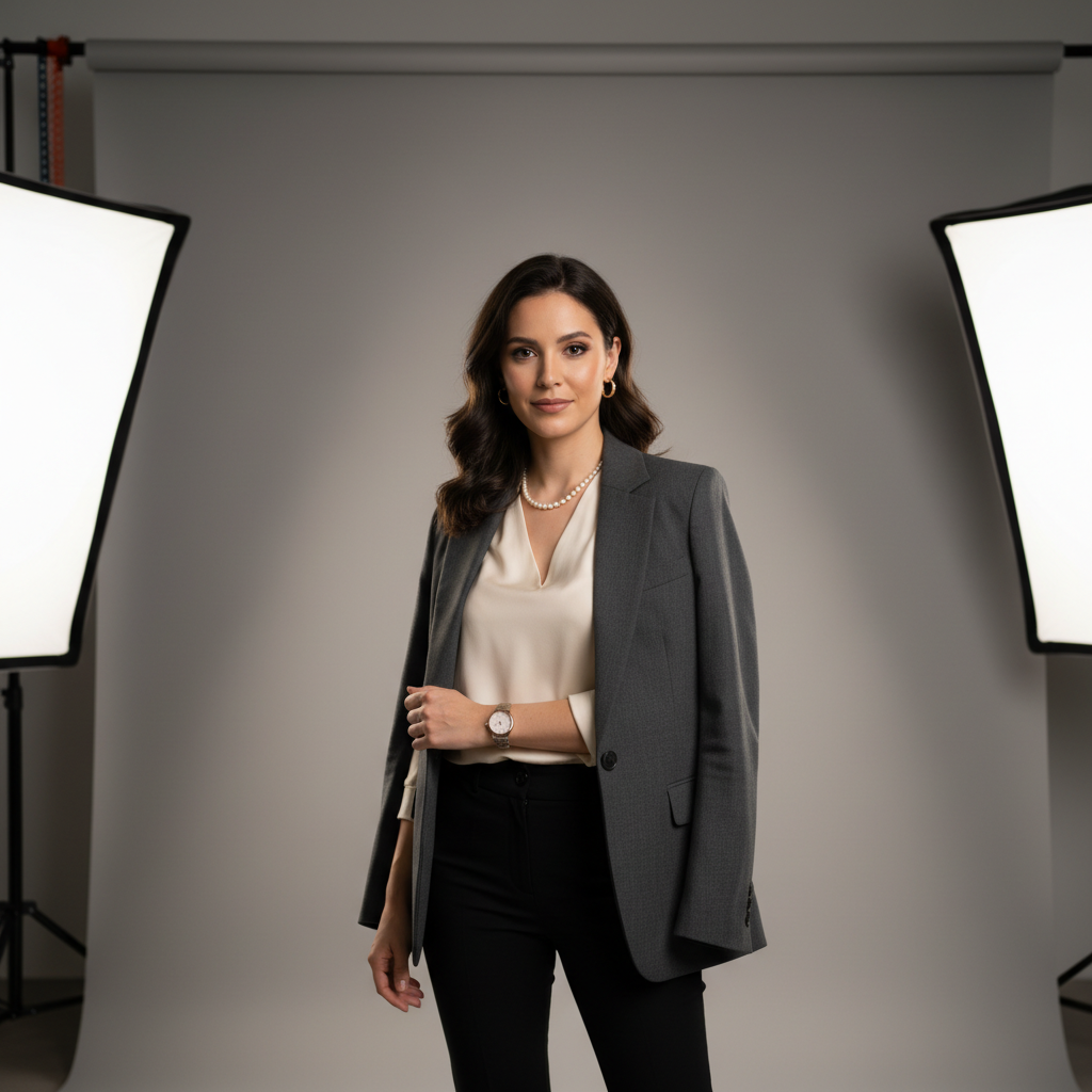 Woman wearing elegant white blouse against warm studio background