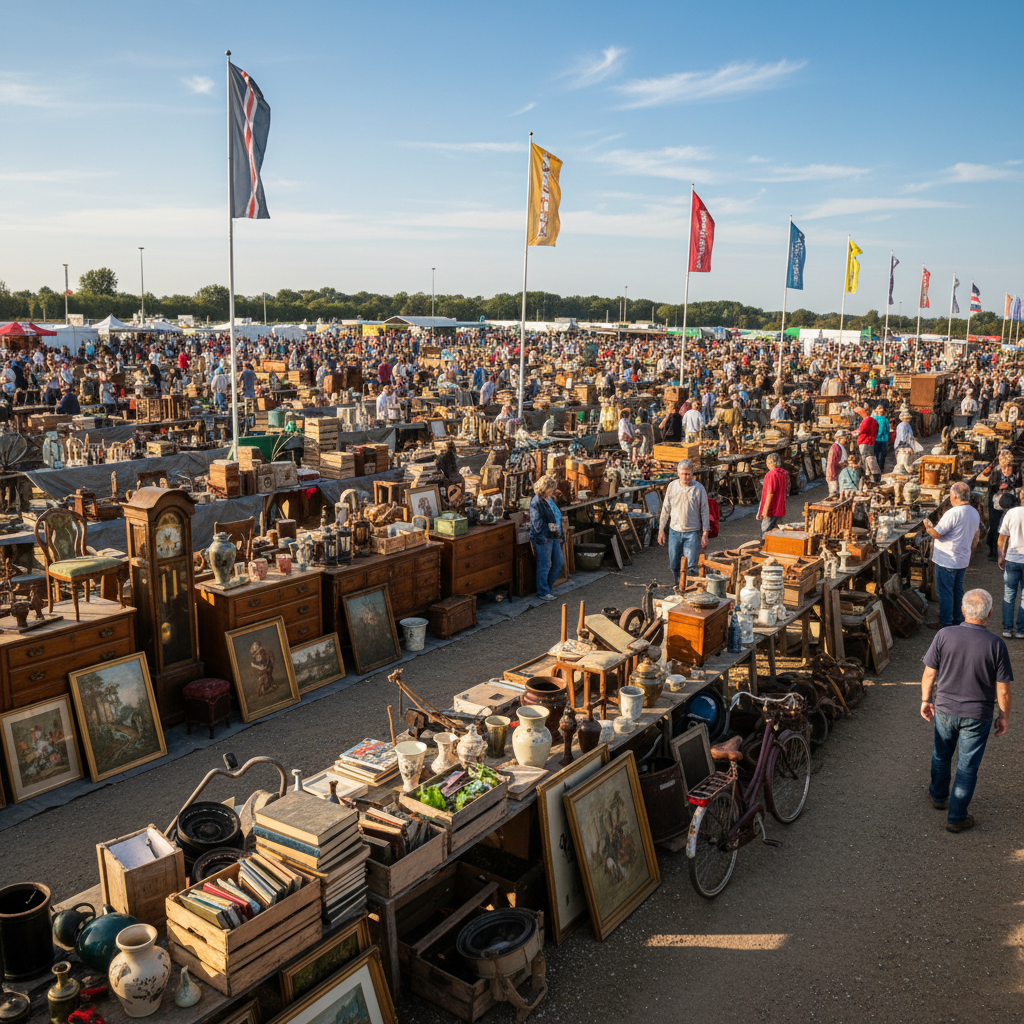 Wide view of an auction fairground with rows of items laid out under open sky