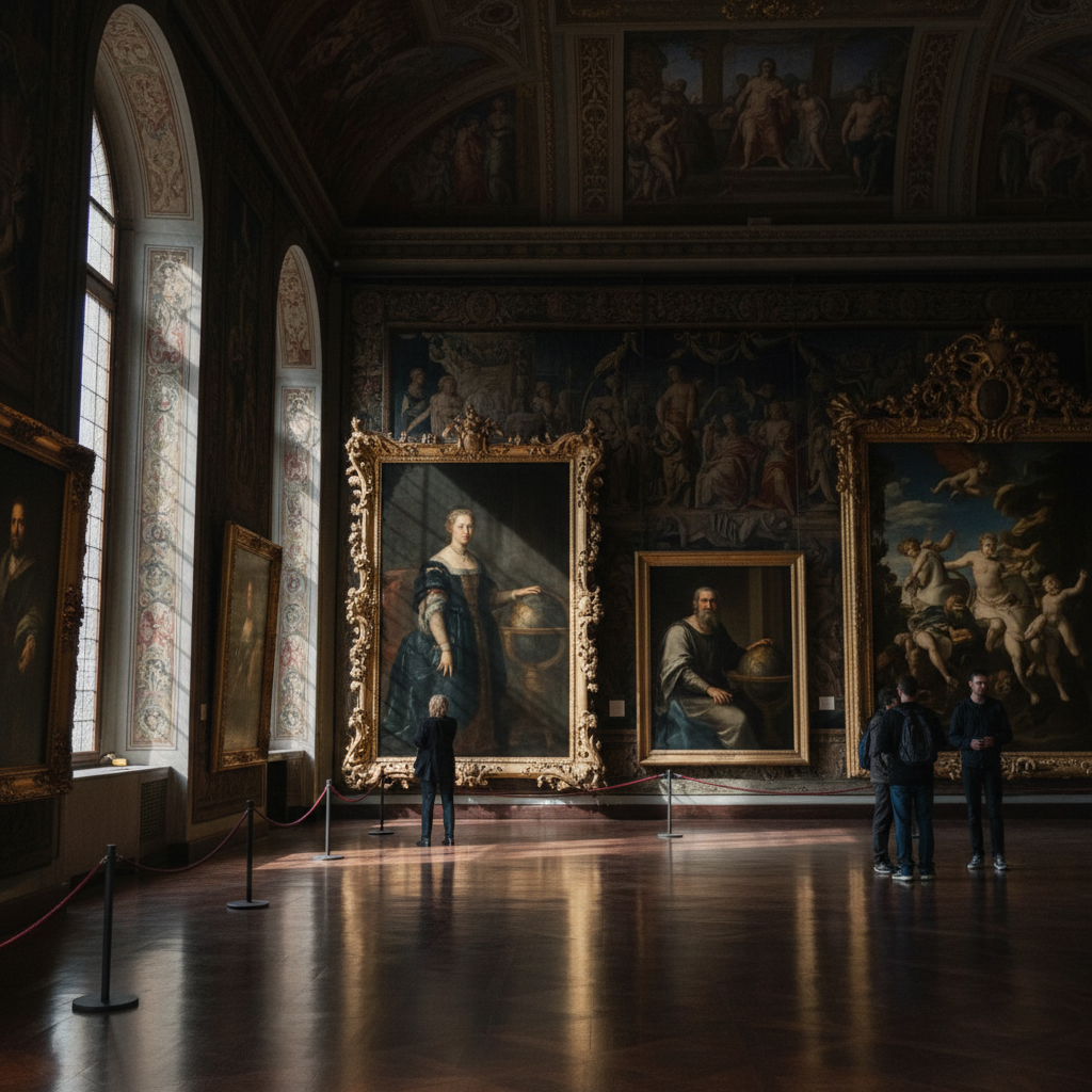 Renaissance painting detail in dark gallery lighting, deep blacks and warm amber