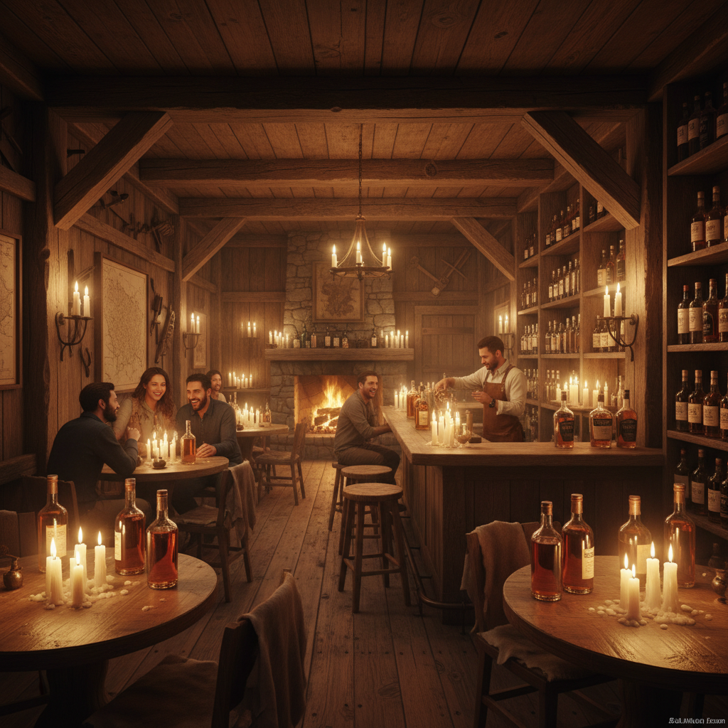 Warm interior of a rustic mountain tavern bar with wood accents and ambient lighting