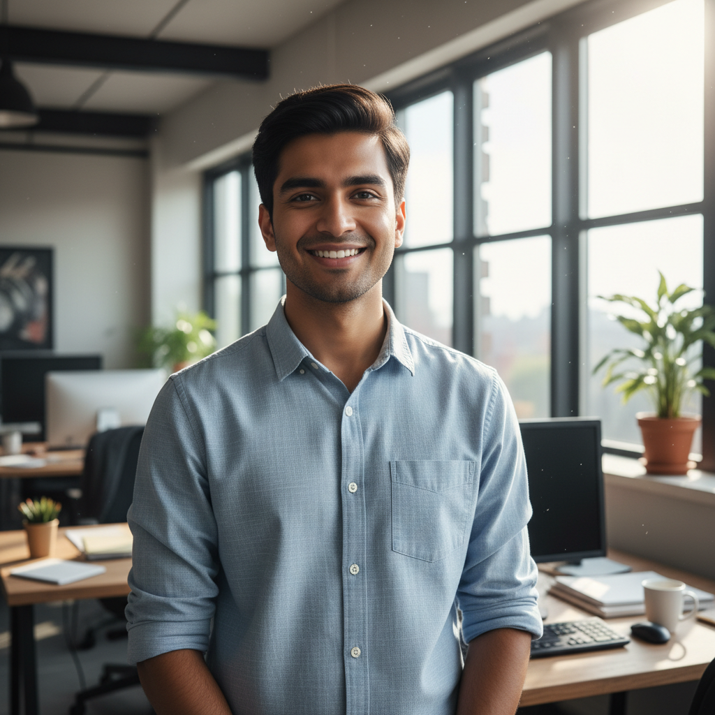 Young Indian man wearing glasses smiling in casual office setting