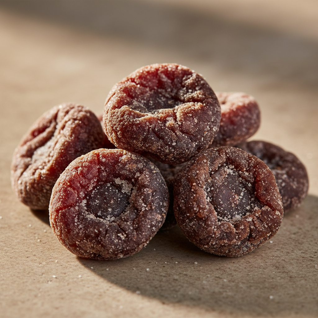 Dark reddish brown salted plum candies in a small pile showing wrinkled surface