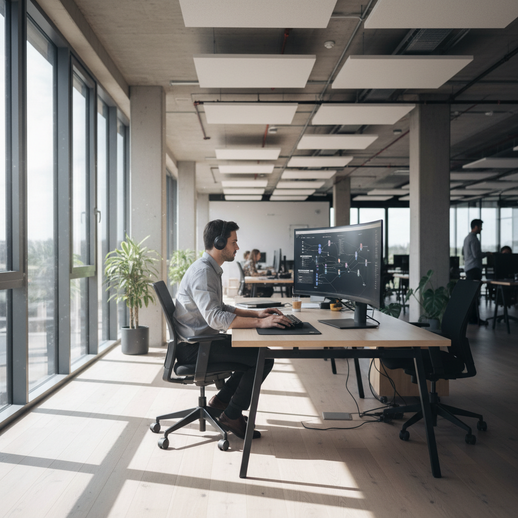 Clean CRM dashboard interface on bright monitor, organized workflow charts, professional bright office environment