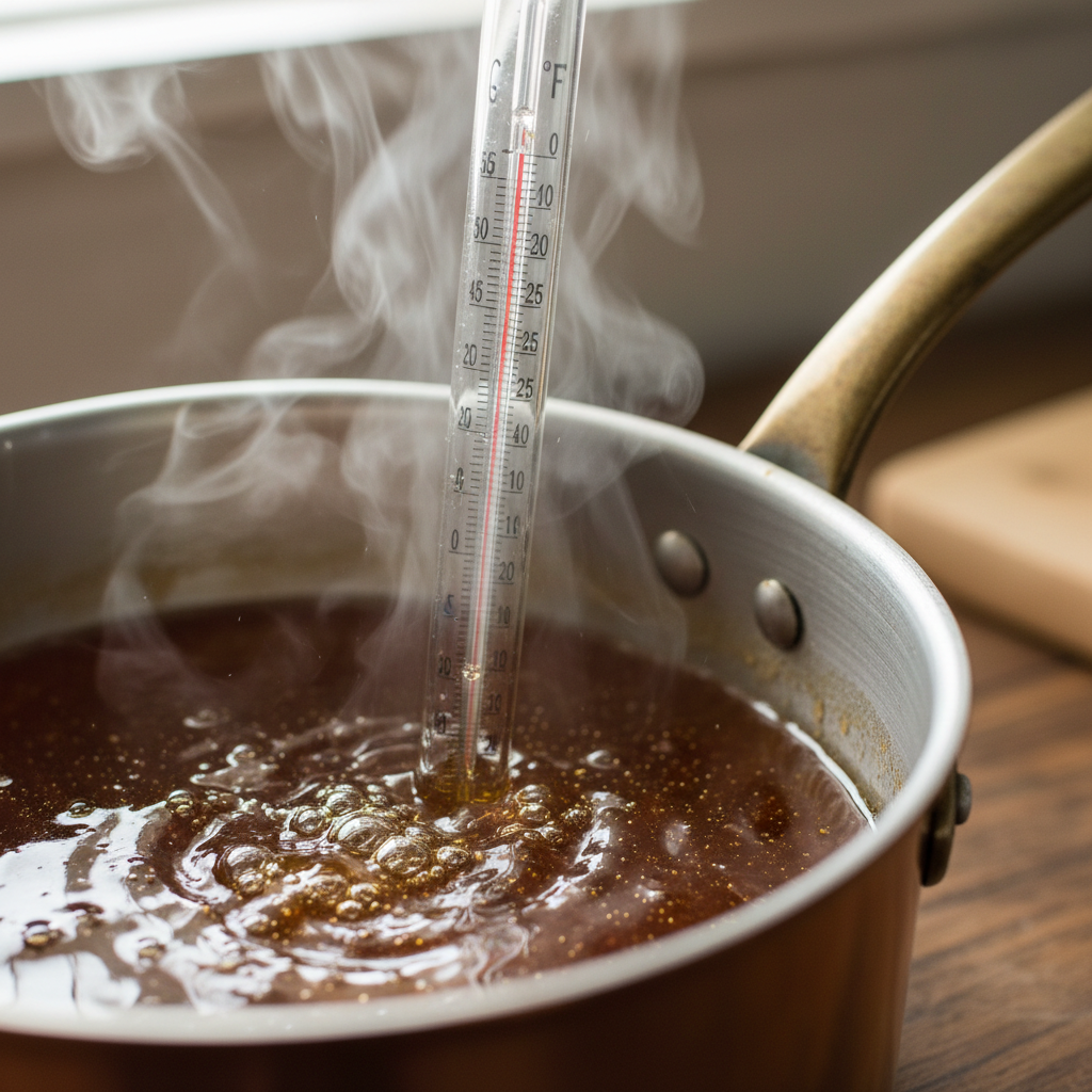 A thermometer submerged in boiling syrup reading 219 degrees Fahrenheit, steam surrounding it