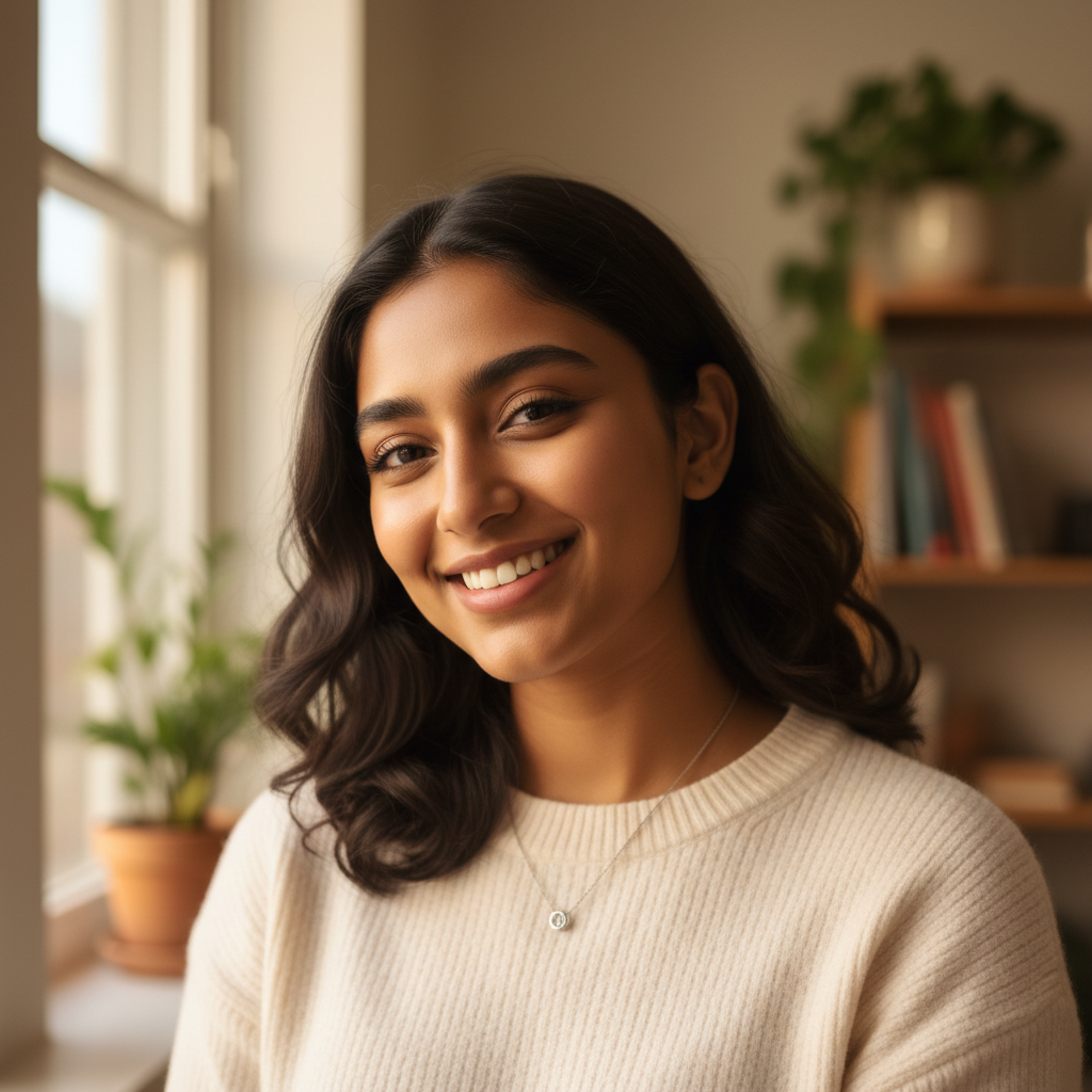 Priya Ramaswamy, South Asian woman smiling at camera in casual setting