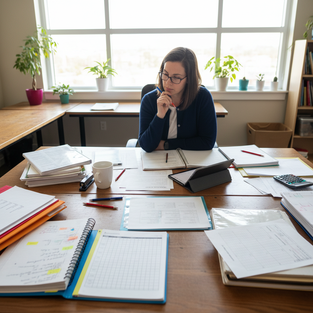 Teacher reviewing formative assessment rubrics and feedback forms, organized evaluation tools on desk, professional educational setting