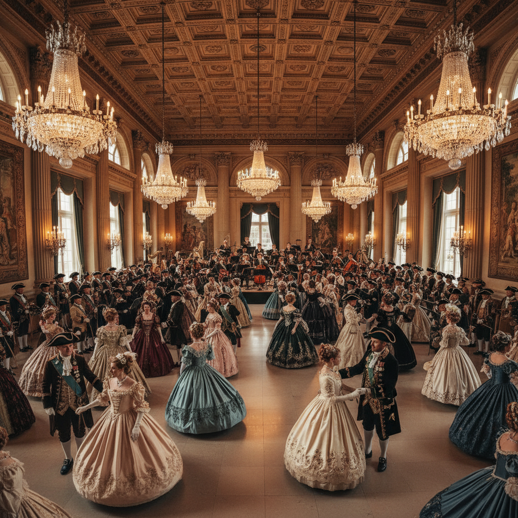 Grand ballroom scene from The Sovereign Yards showing 200-piece ensemble costuming in full Victorian court dress