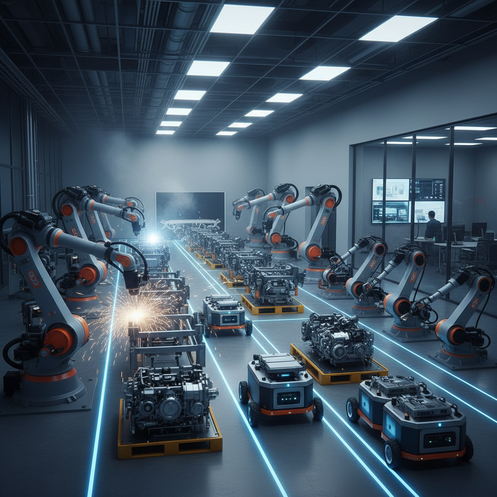 AI automation robots working alongside human employees in modern factory