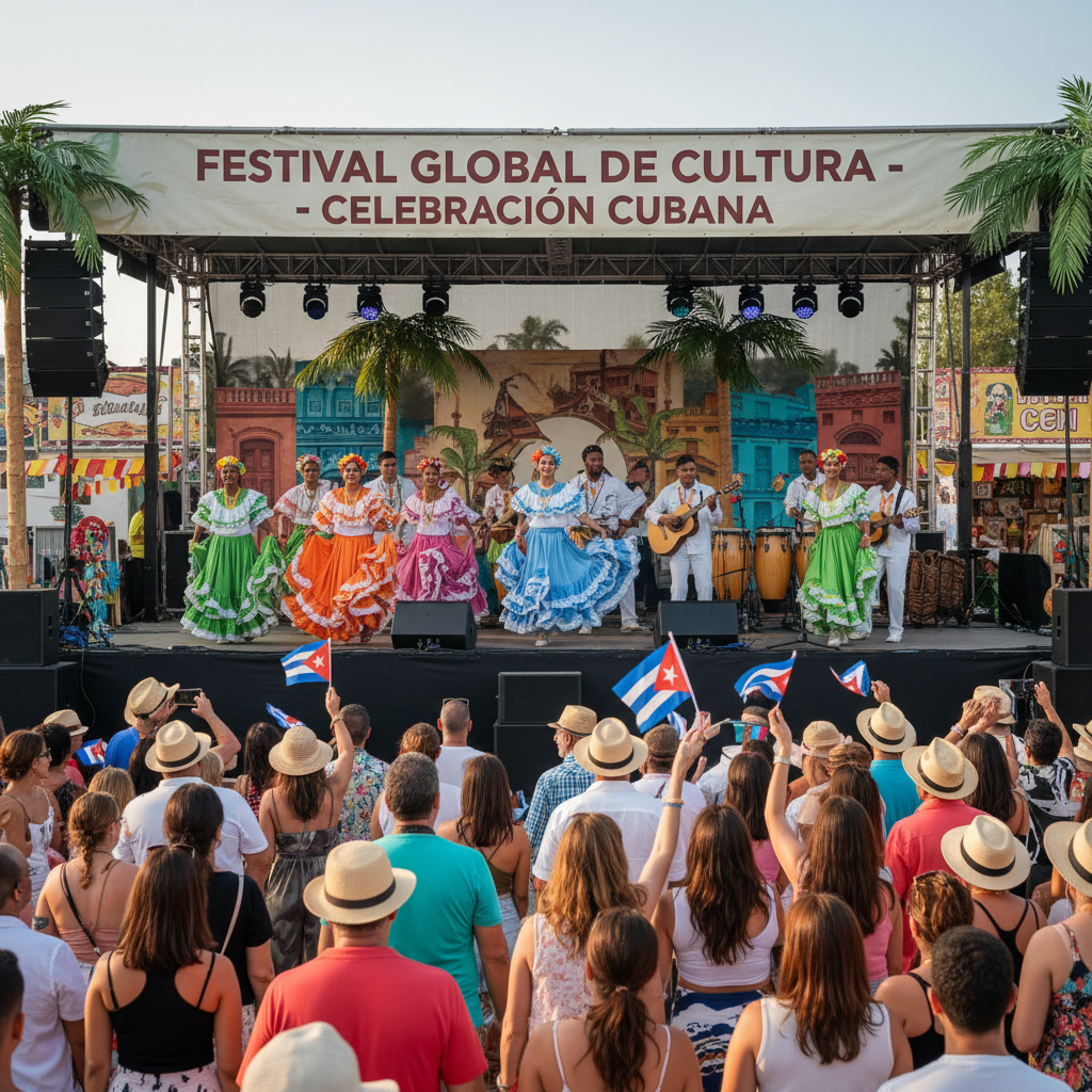 Presentadora femenina hablando al micrófono en festival latino al aire libre con multitud festiva