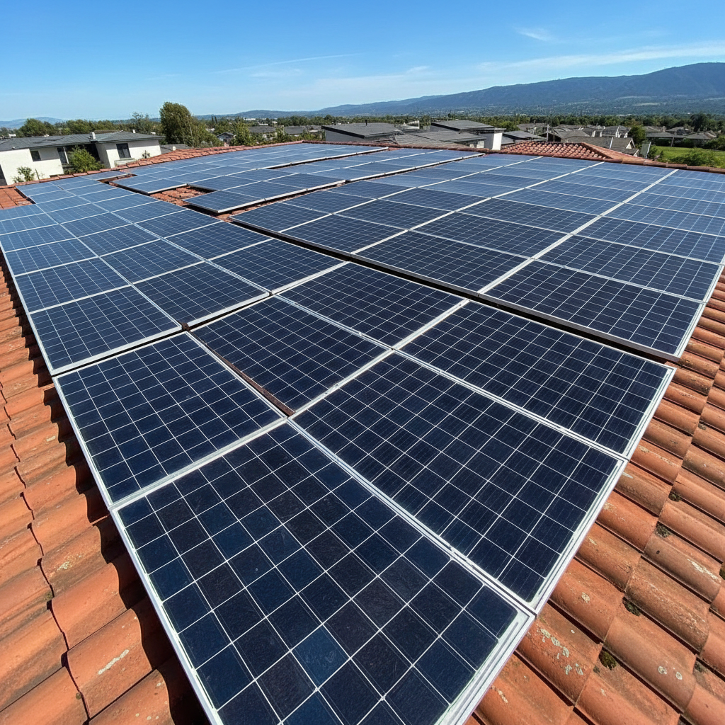 Solar water heater panels installed on roof of Bali villa under bright tropical sky