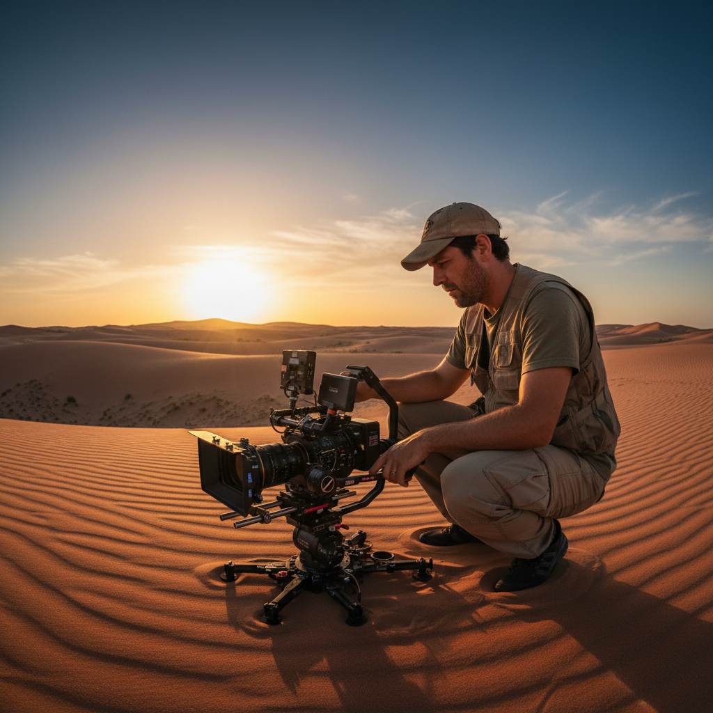 Cinematographer adjusting gimbal on desert location shoot at golden hour