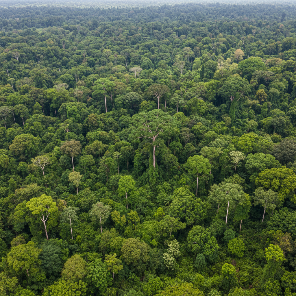 Aerial photo of a lush tropical forest canopy in Sri Lanka