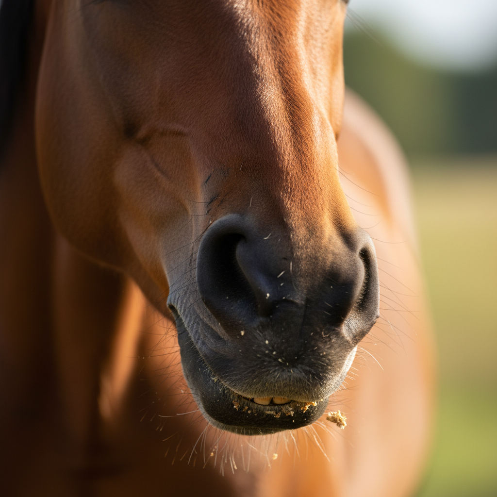 Bay horse muzzle close-up mid-chew, nostrils soft and ears forward, showing feed acceptance