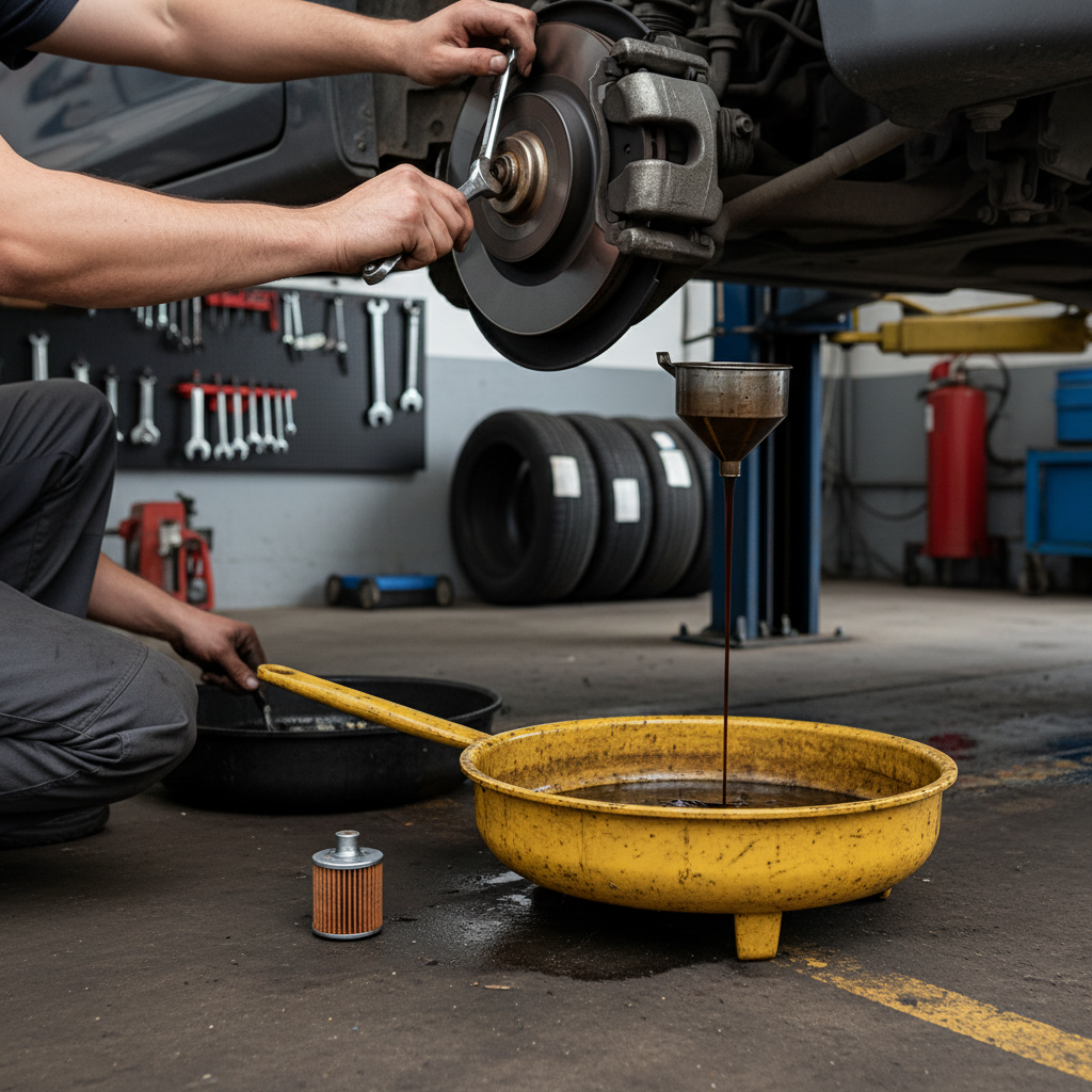 Car mechanic performing routine maintenance service, oil change and inspection in professional garage workshop