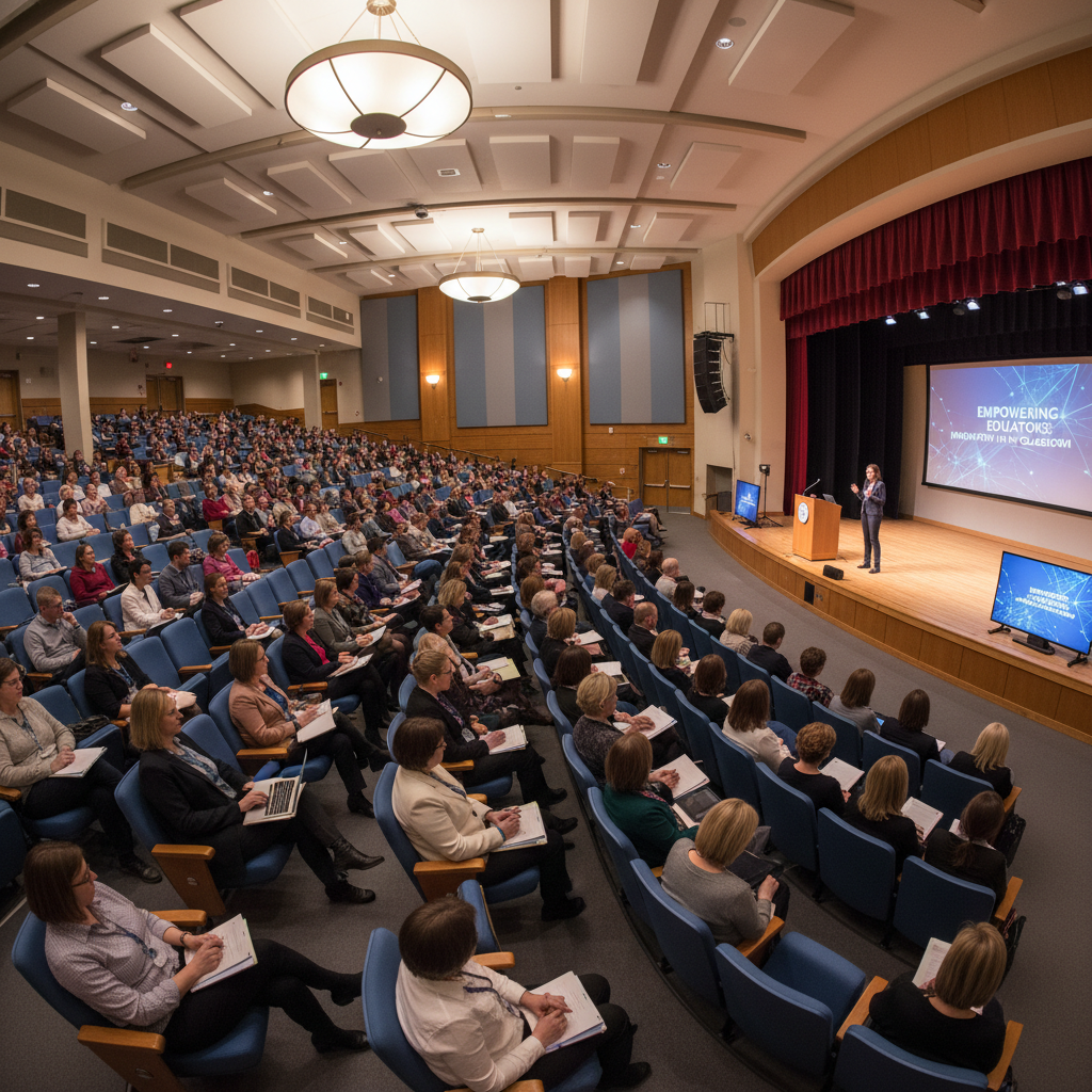 Large teacher professional development workshop in school auditorium with teachers seated and presenter at front