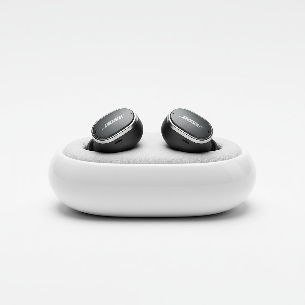Bose QuietComfort earbuds in white charging case on clean surface