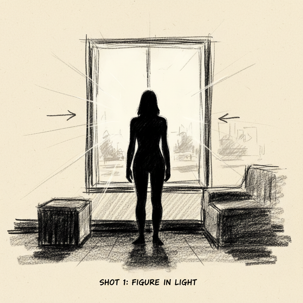 Rough storyboard sketch showing a figure in silhouette against a bright window frame