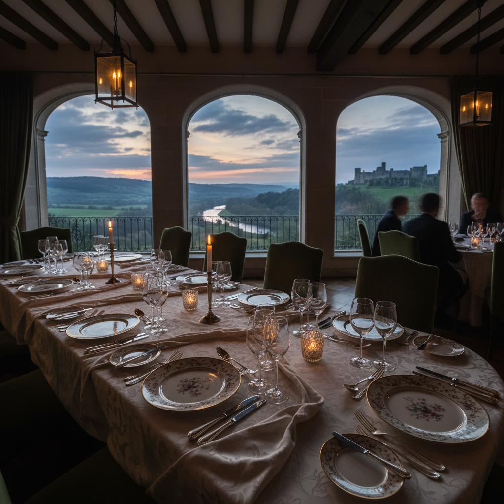 Countryside fine dining with panoramic view, dark interior, dramatic atmospheric lighting