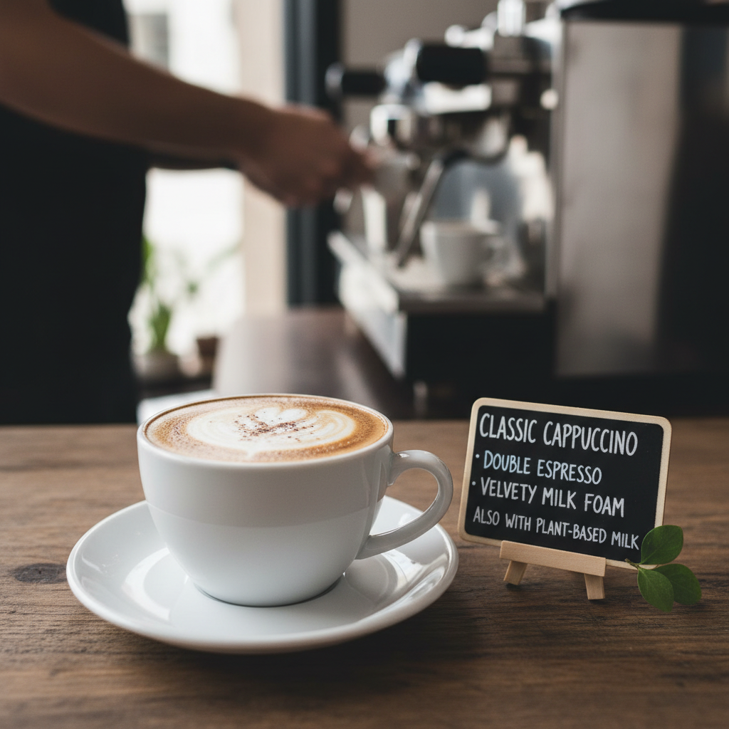 Hot Cappuccino — Classic Italian cappuccino, Indian café food photography with warm colours and appetising presentation