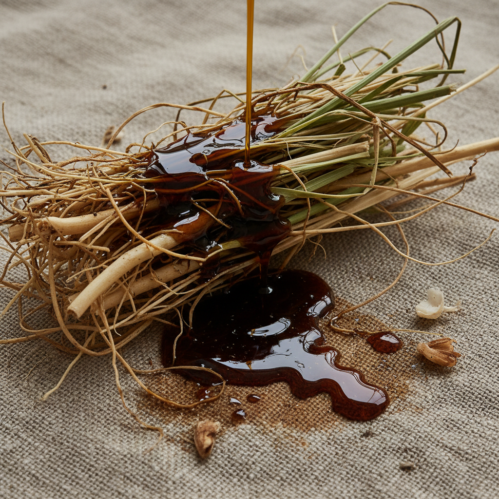 Vetiver grass roots and dark brown vetiver oil on natural linen cloth background