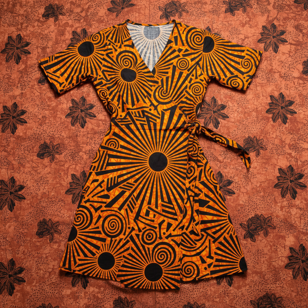 Vibrant Ankara print wrap dress in bold geometric patterns, deep warm tones on dark studio background