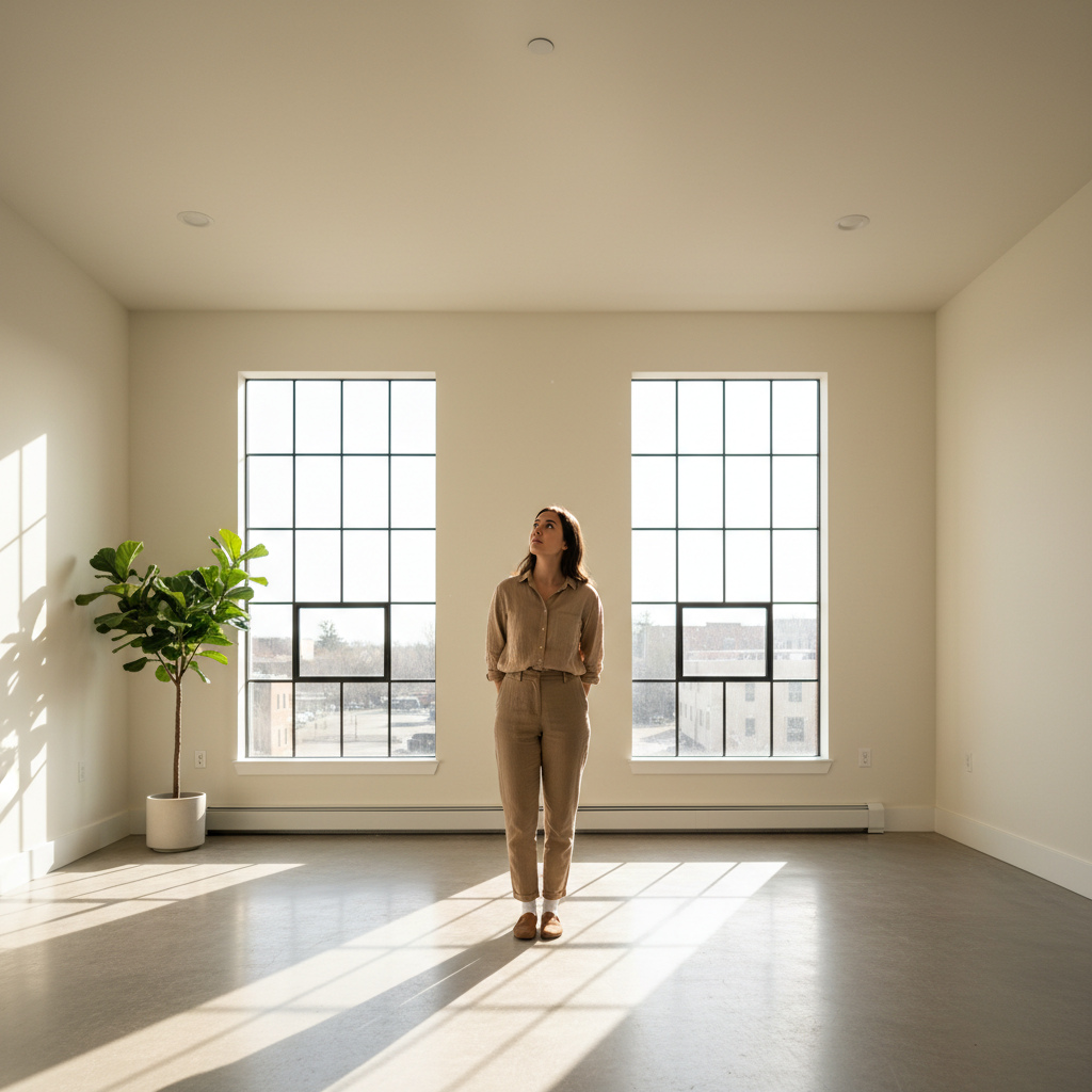 Verdant designer conducting an on-site walkthrough of an empty living room with natural light