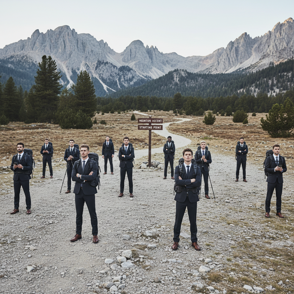Group of gay men hiking on scenic trail in Los Angeles mountains