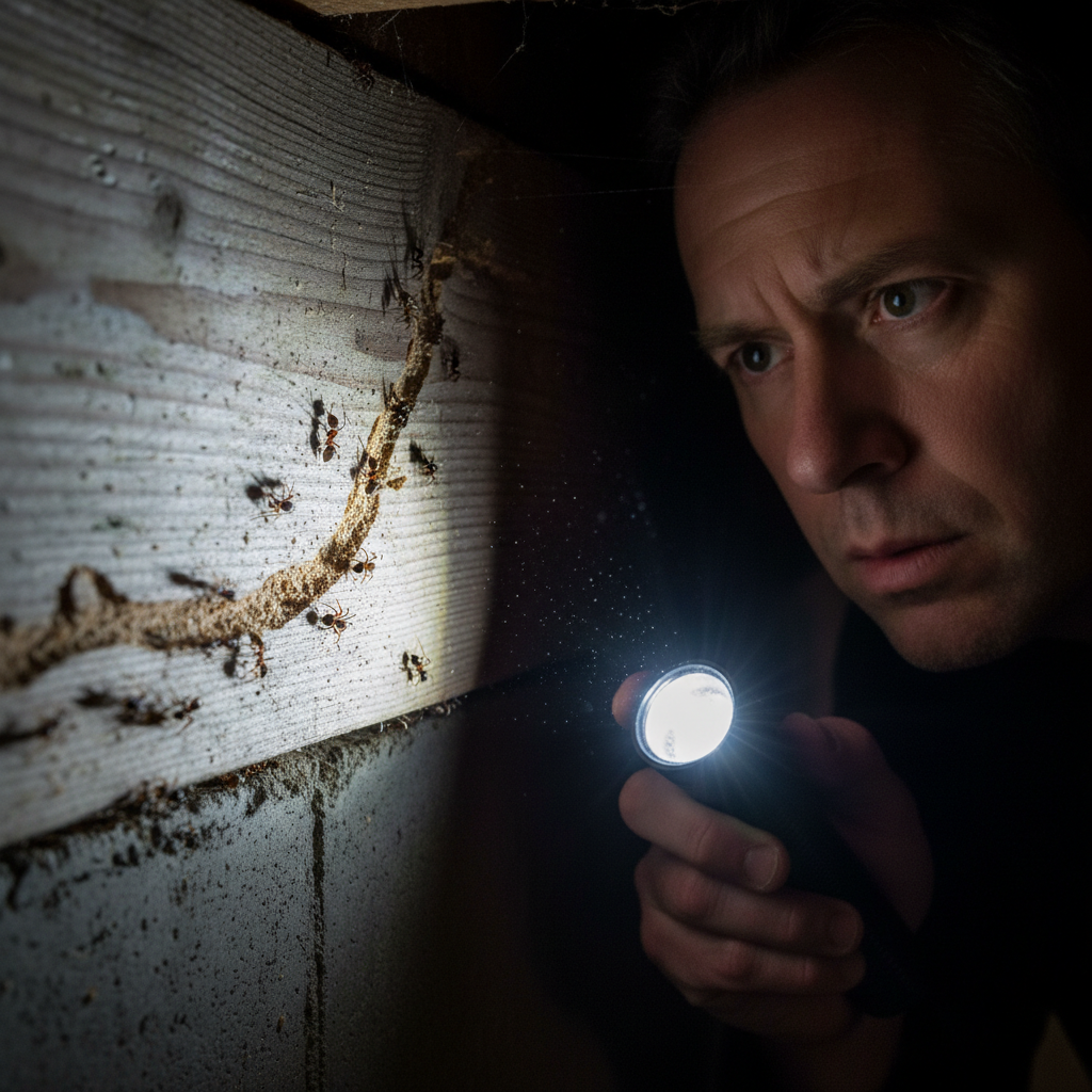 Devon Clarke, Sweep structural specialist, tracing a carpenter ant highway along a basement rim joist with a flashlight