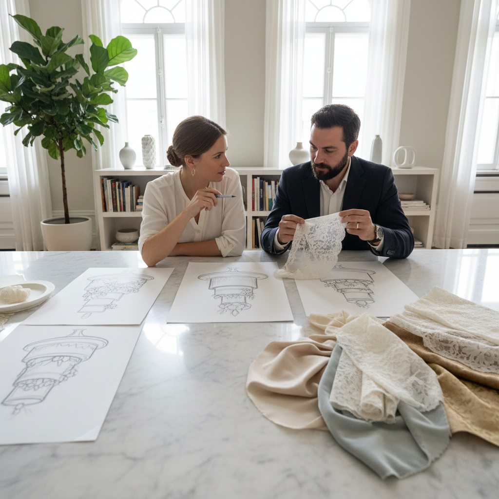 Two people consulting over wedding cake sketches and fabric swatches on a marble table with tea