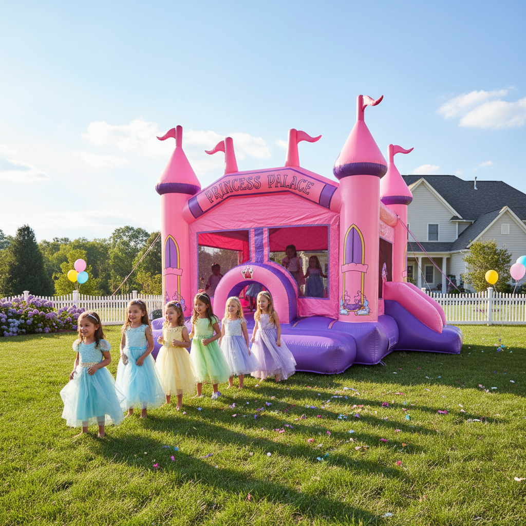 Pink princess bounce house in a backyard with girls in party dresses waiting to jump