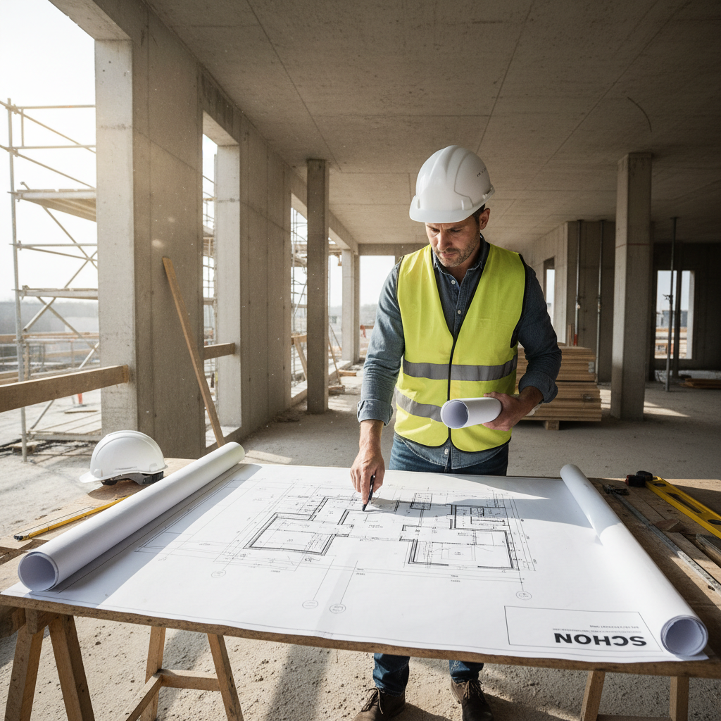 Architect reviewing SCHON technical drawings on site