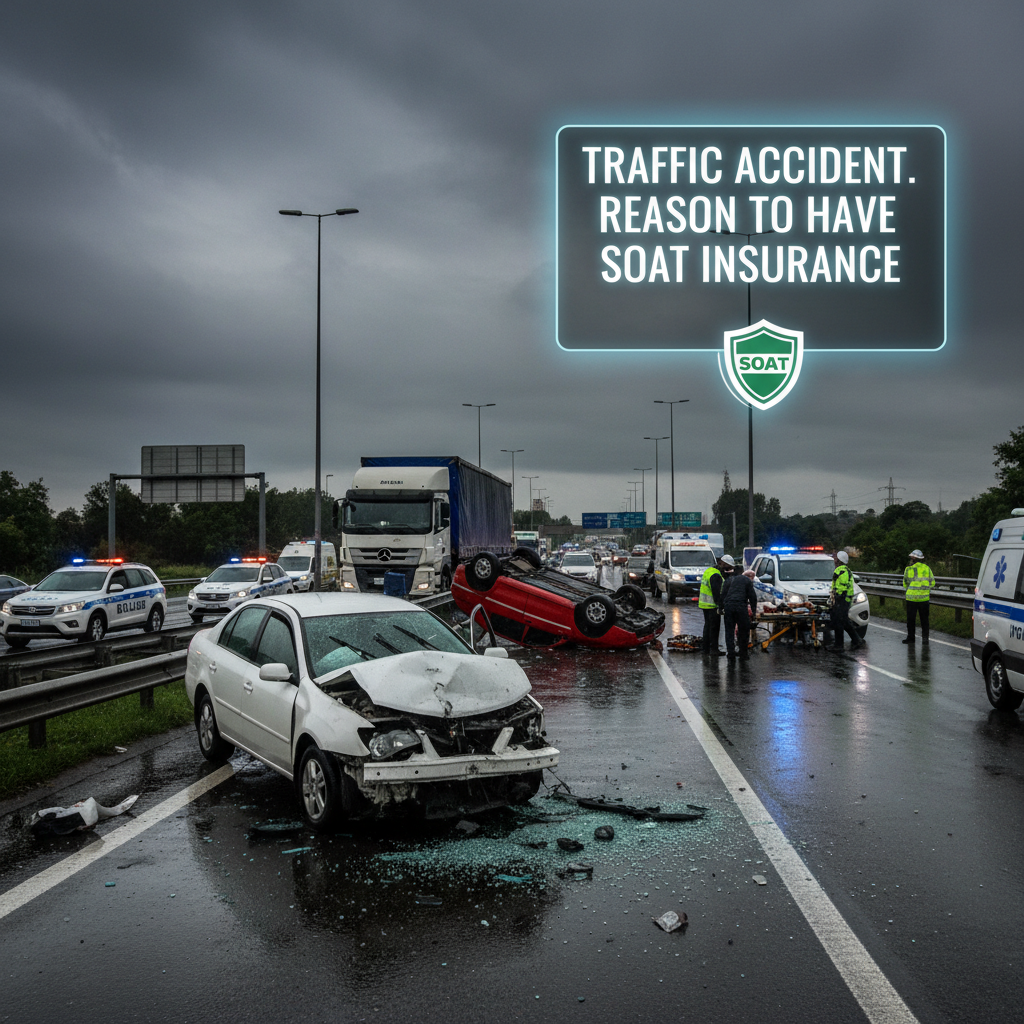 Dark highway accident scene, emergency lights, dim atmospheric setting