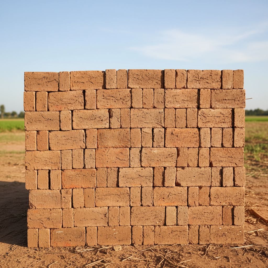 Standard clay bricks stacked at a construction site