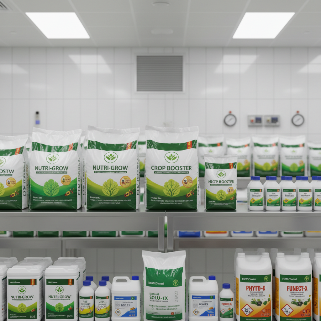Agricultural store interior with seeds and fertilizer products on shelves, warm lighting, organized display