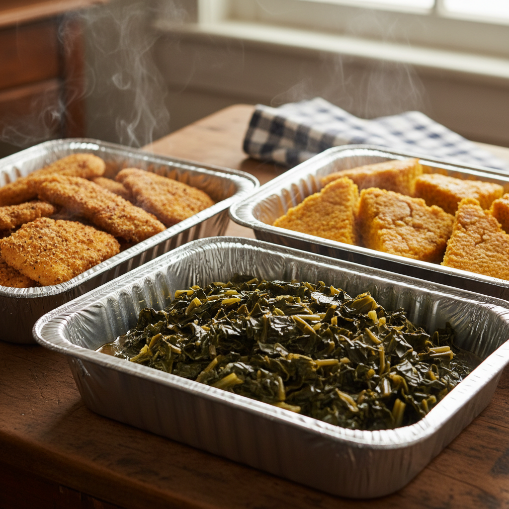 The Sunday Box — foil trays with smoked collards, catfish, and sweet potato cornbread, steam rising