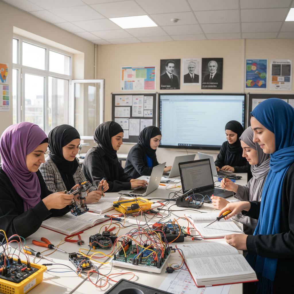 Teen girls in hijab working on robotics and Arduino at school