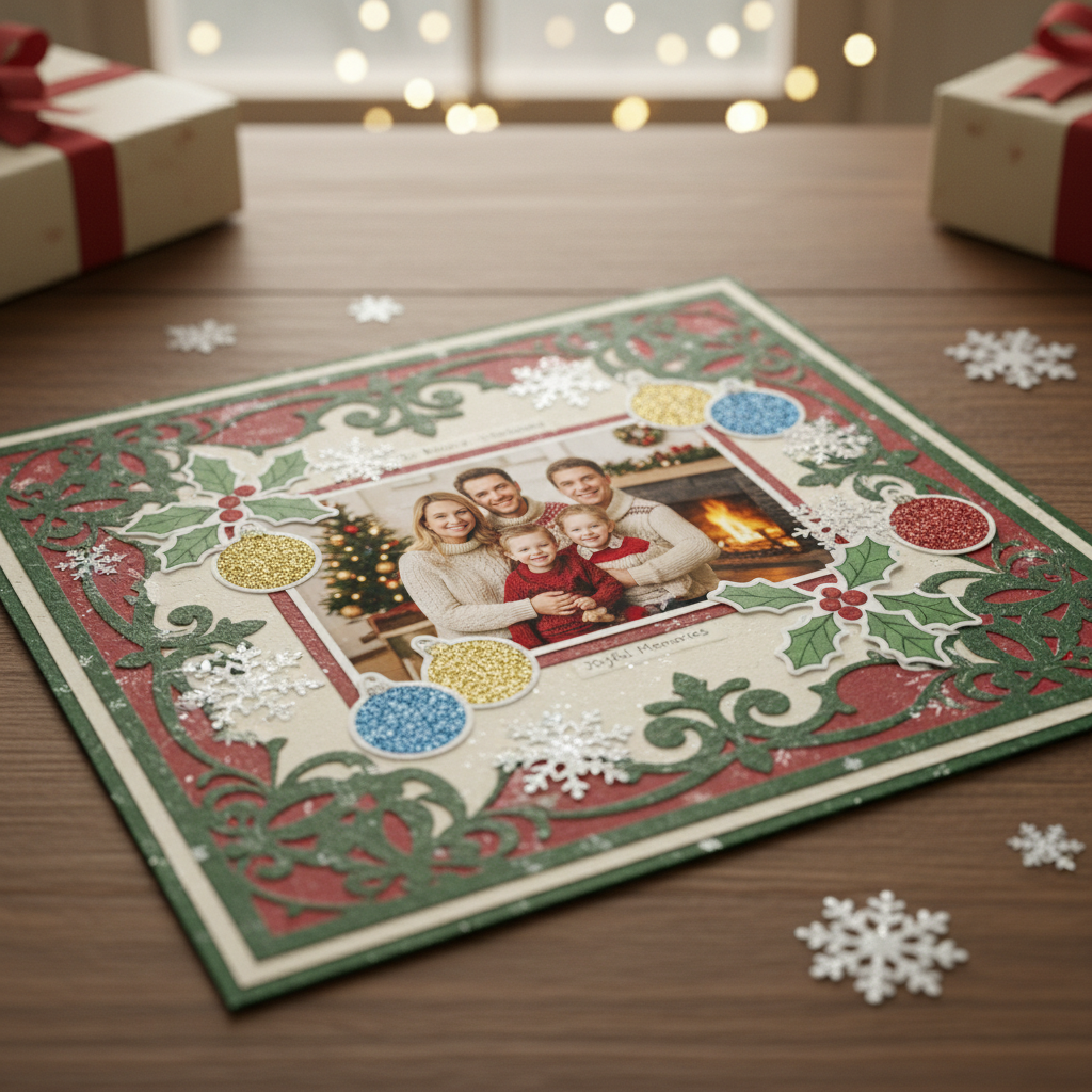 Holiday scrapbook spread with red and green paper cutouts, family photo, and festive sticker embellishments