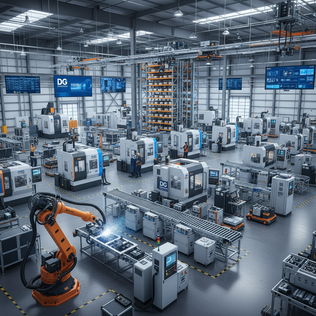 Modern industrial manufacturing facility interior with large production equipment, factory floor