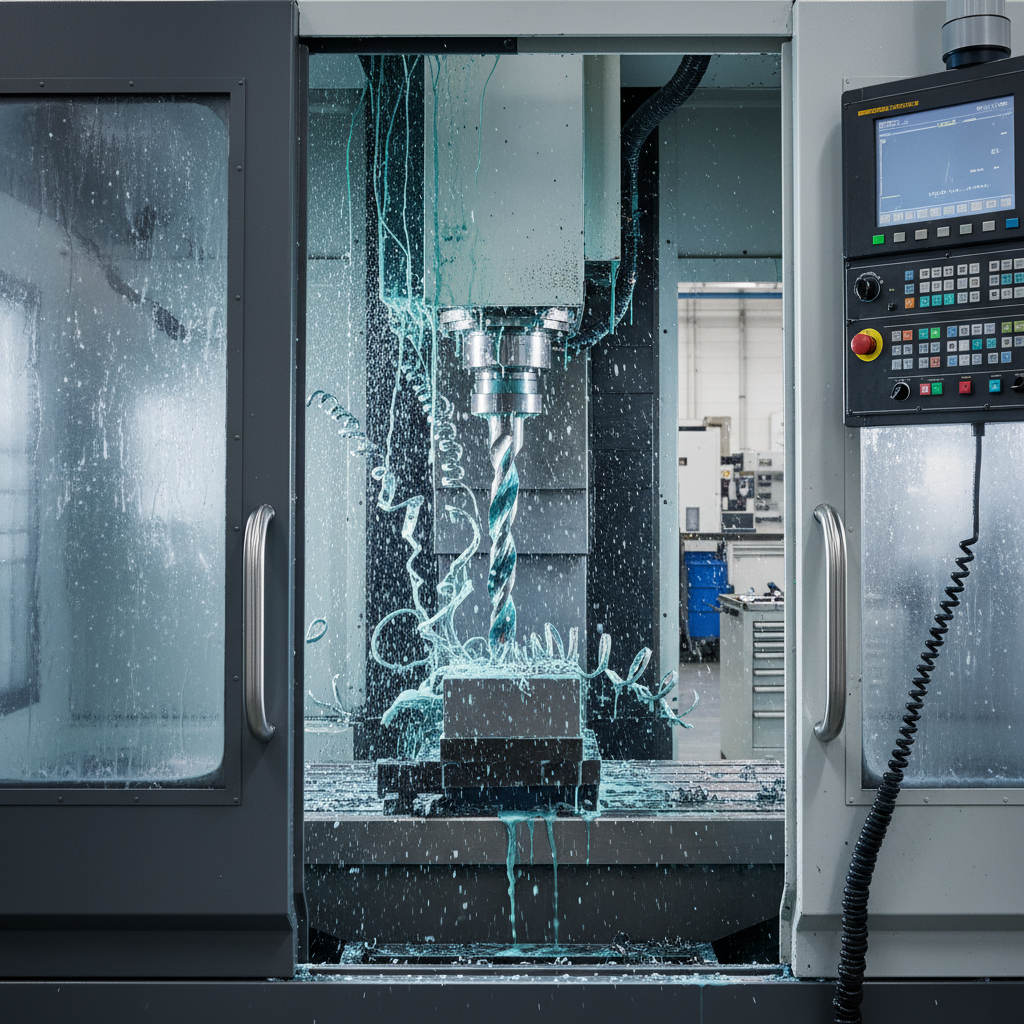 Mill MV-5X vertical machining center, full bed-to-spindle view, mid-cycle with titanium chips curling off tool and coolant frozen in frame